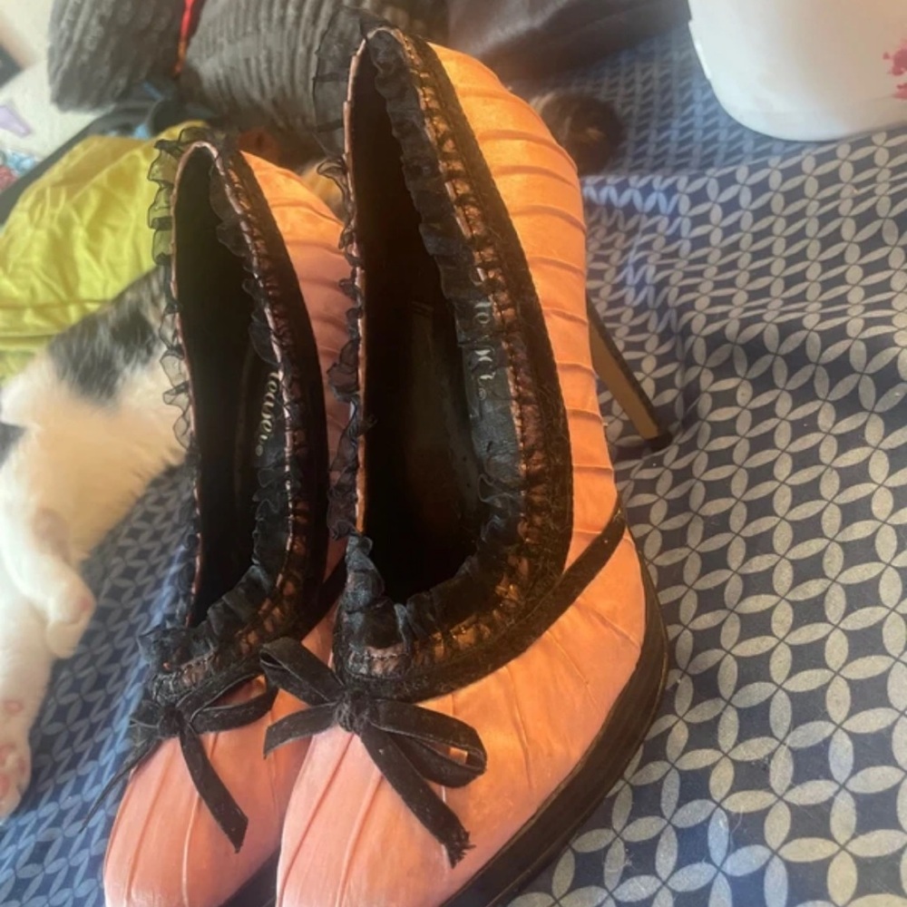 Pleaser Black and Pink Ruffled Heels